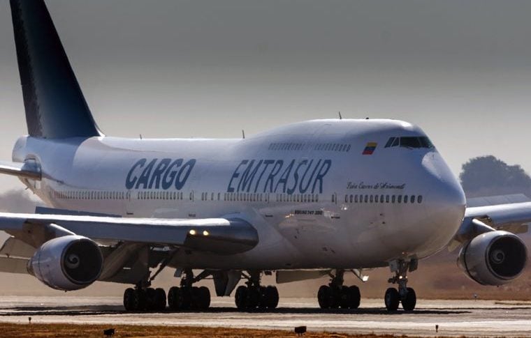 El avión Boeing 747 registrado con el número YV3531 de la aerolínea de carga venezolana Emtrasur, que está retenida en Ezeiza por decisión de la justicia federal