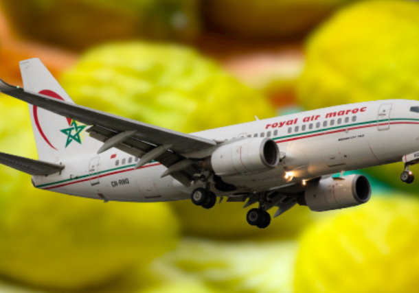 Radio Jai -Por primera vez, los etrogs marroquíes volaron directamente desde Casablanca a Israel en 2022. (Avión de Royal Air Maroc a través de Robert Smith/MI News/NurPhoto a través de Getty Images; collage de JTA)