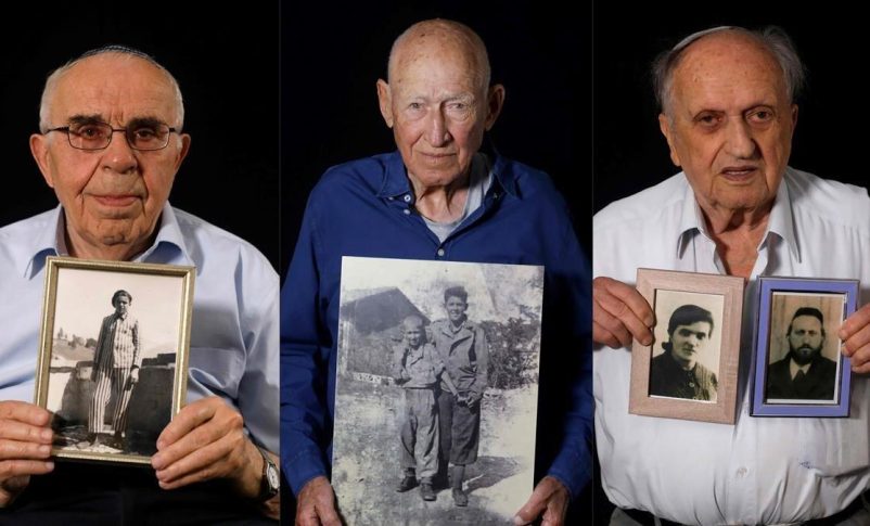Radio Jai -Menahem Haberman con una foto de él mimso después de la guerra, Danny Chanoch, muestra una imagen suya con su hermano mayor Uri, también una vez acabada la contienda bélica y Dov Landau sostiene una fotografía de sus padres que fueron asesinados por los nazis. / AFP / MENAHEM KAHANA