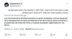Radio Jai: En un tuit en hebreo, Jamenei dice que los crímenes de la 'entidad sionista' serán recordados después de que sea borrada de la tierra