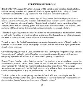 Radio Jai: Polémica en la Copa Davis: unos 400 deportistas canadienses pidieron eliminar la serie ante Israel por el “genocidio en Gaza”