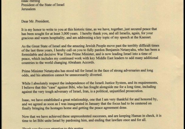 Radio Jai-Trump envía carta a Herzog solicitando indulto para Netanyahu
