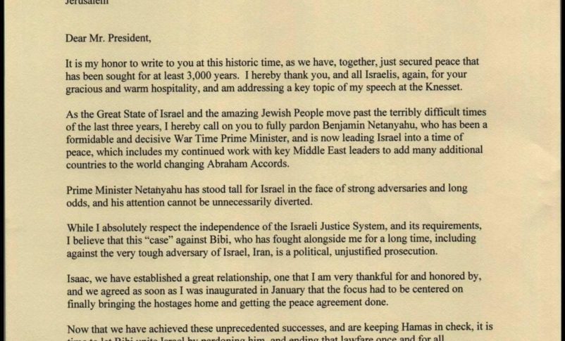 Radio Jai-Trump envía carta a Herzog solicitando indulto para Netanyahu